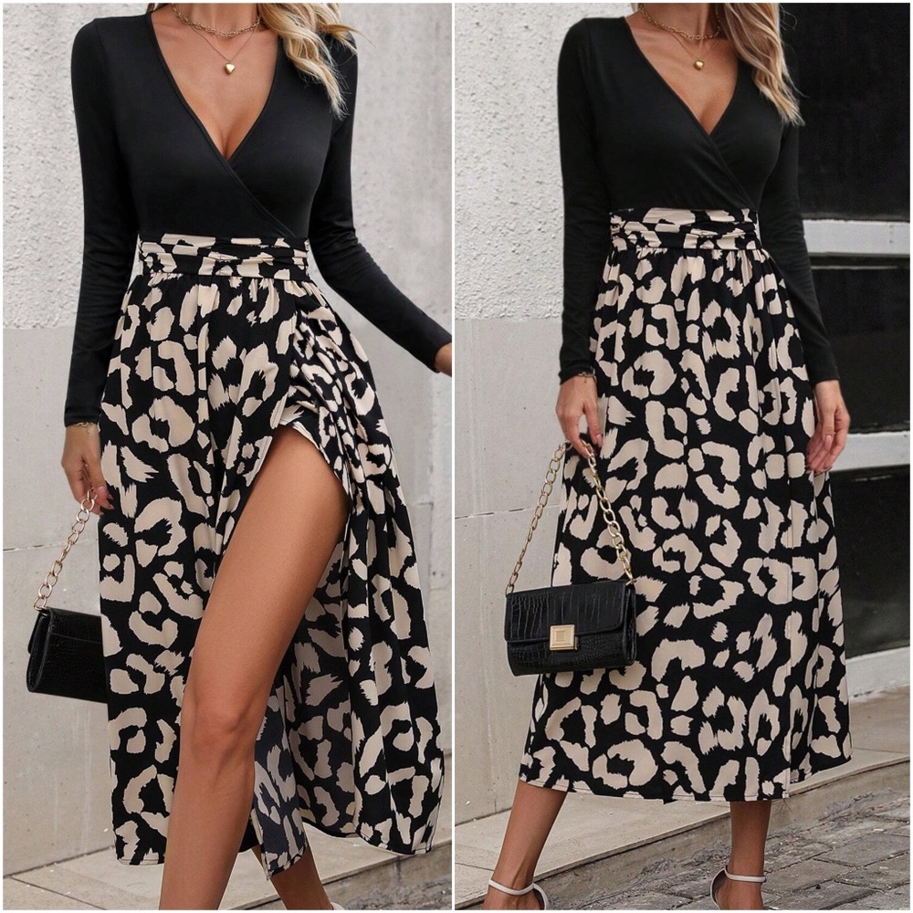062 Leopard Print Plunging Neck Long Sleeve Sexy Party Dress - Picture 4 of 5
